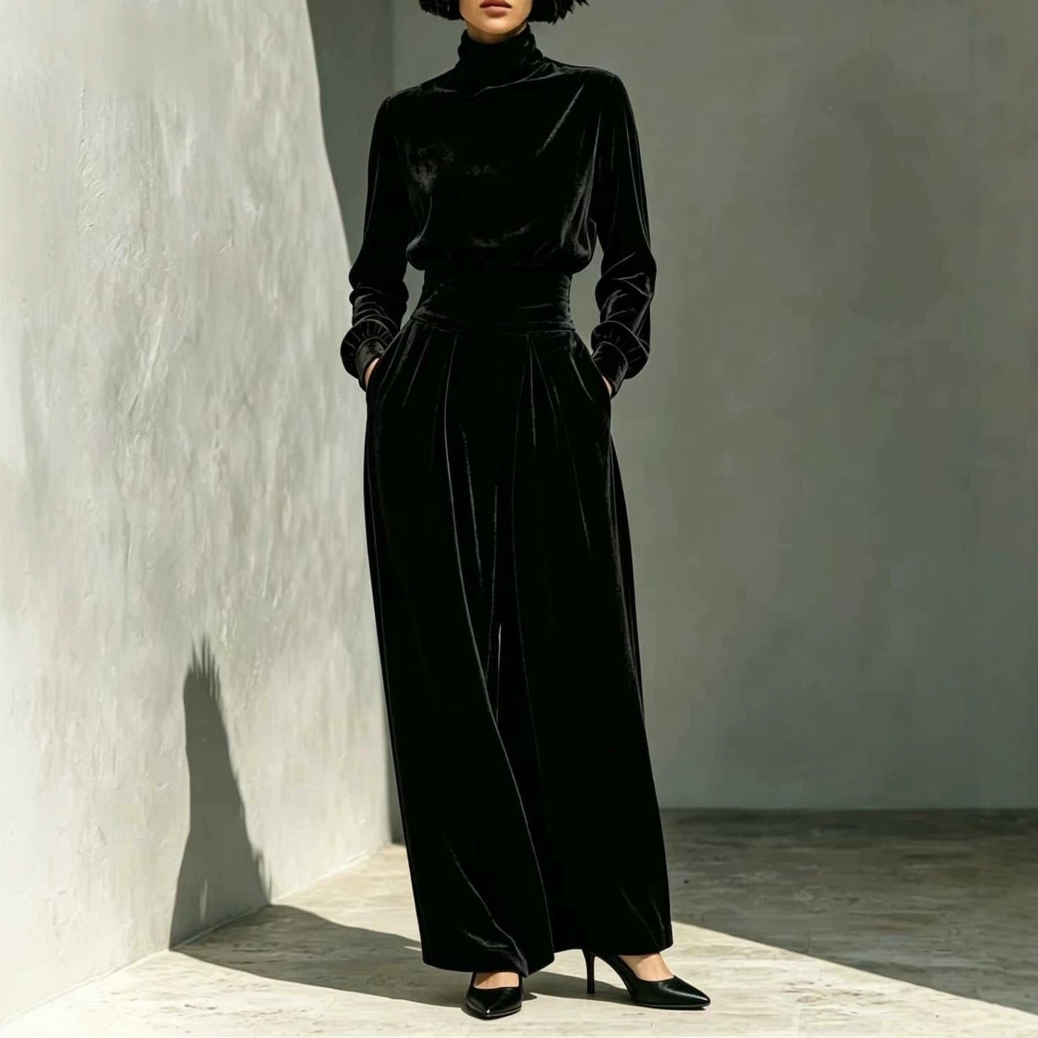 Women's velvet set with turtleneck top and high-waisted, wide pleated pants Chichicherry
