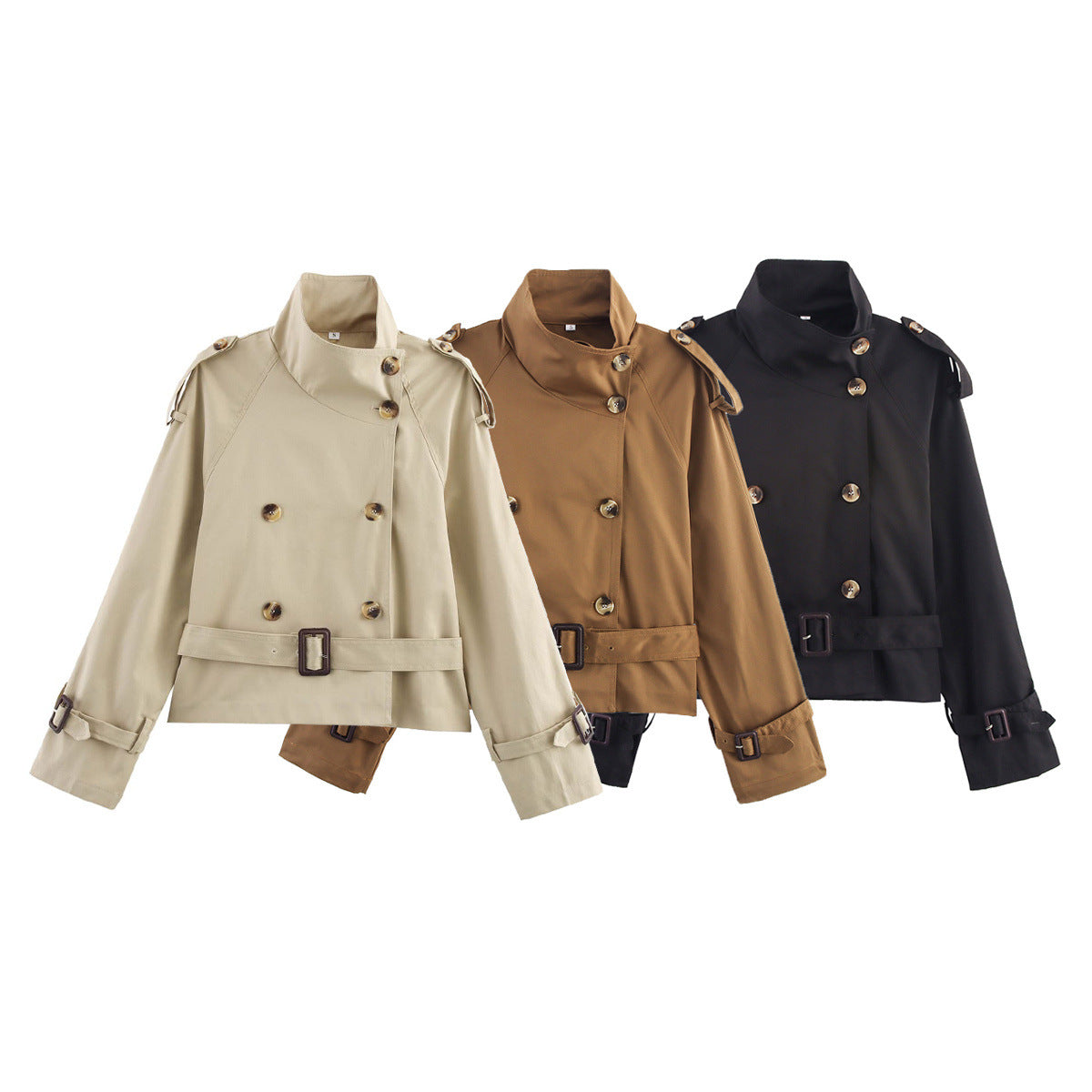 Women's Short Double-Breasted Trench Blouson with High Stand Collar, Shoulder Tabs, and Waist Belt Chichicherry