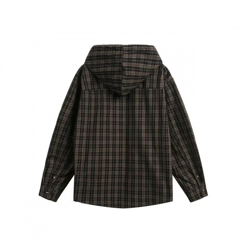 Unisex wide checkered hooded shirt jacket made of cotton flannel with patch breast pocket Chichicherry