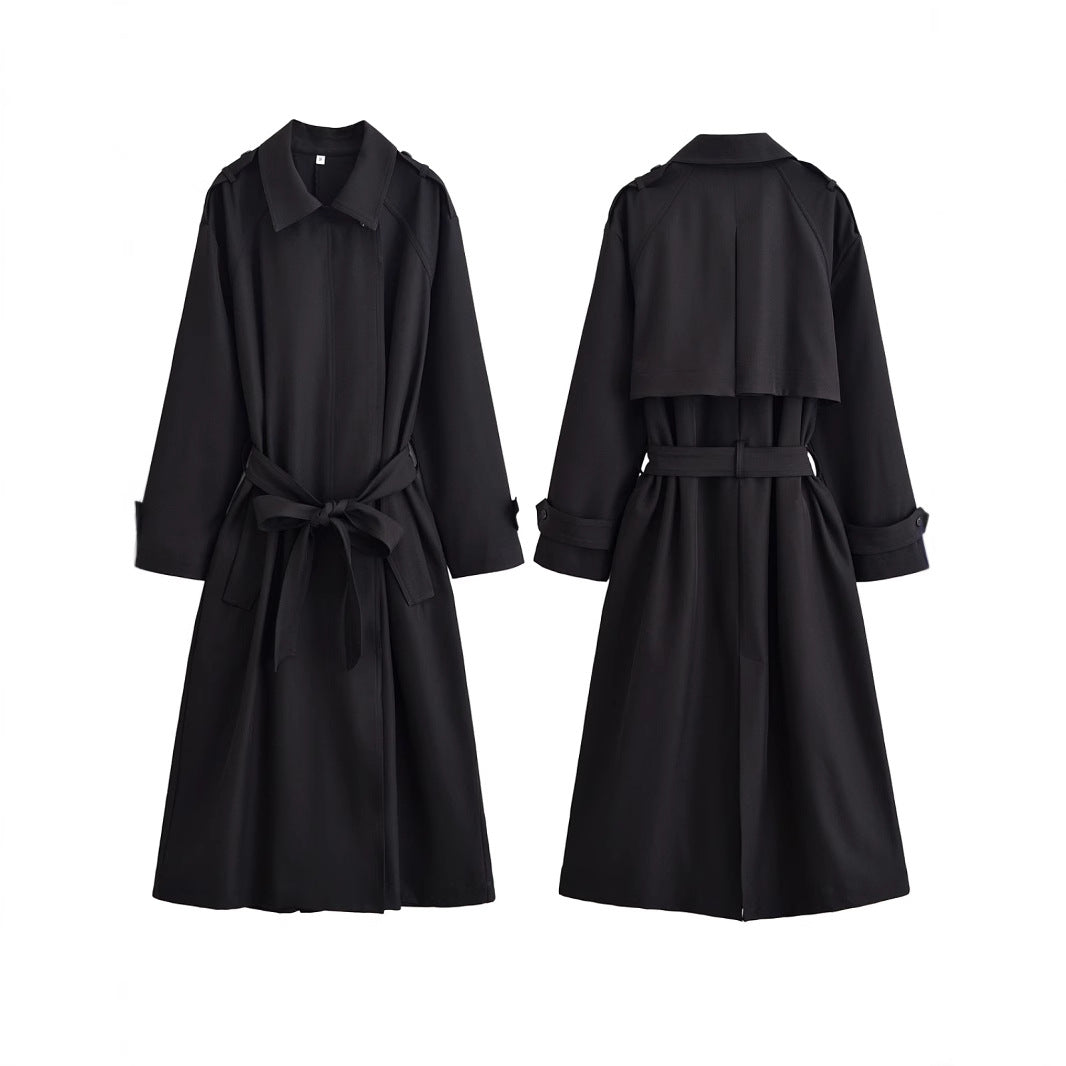 Ladies longer waist-adjustable trench coat with tie belt and epaulettes Chichicherry