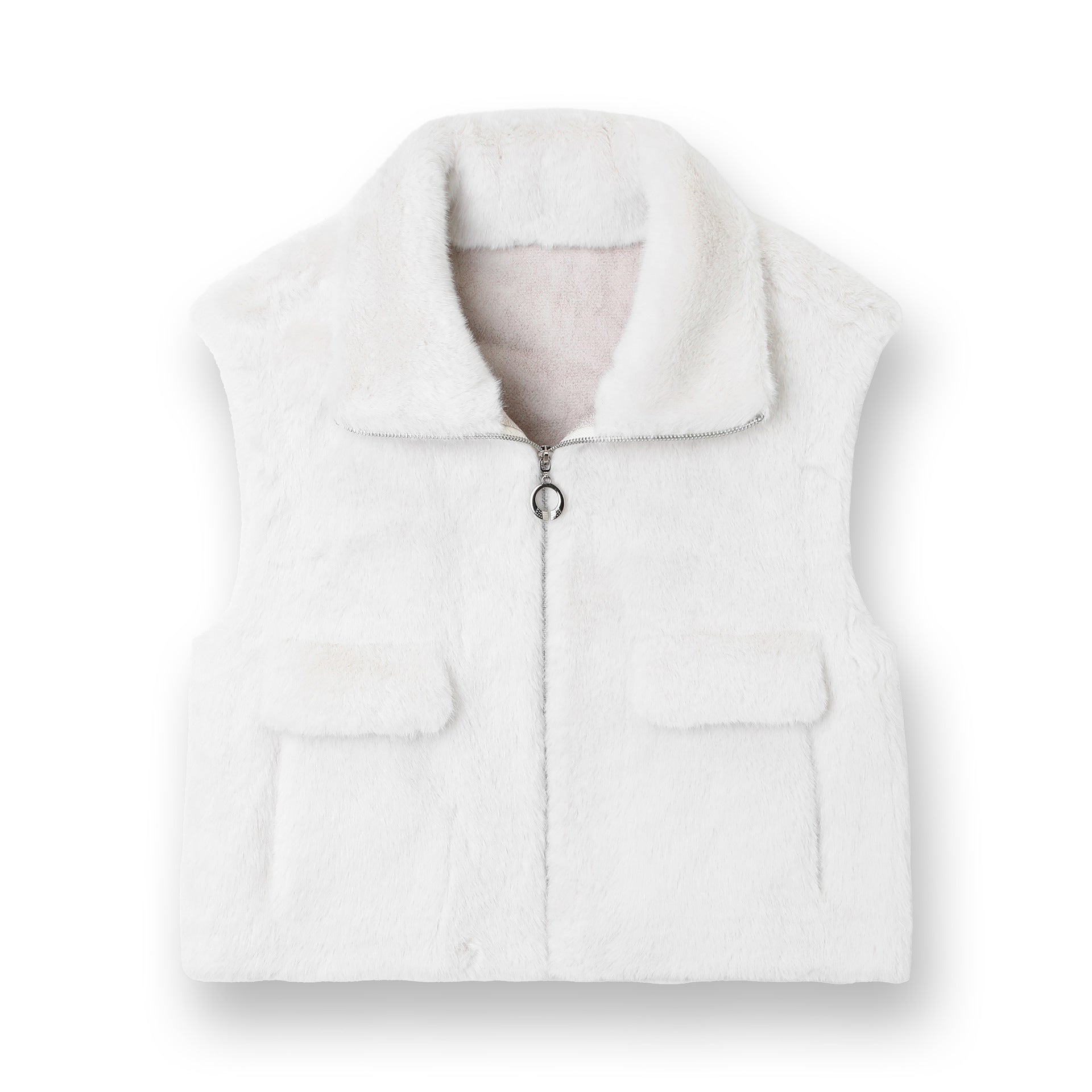 Women's Sleeveless Faux Fur Vest with Stand-up Collar, Zipper and Flap Pockets Chichicherry