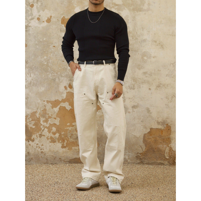 Herren Figurbetonter Rippstrick-Pullover mit Rundhalsausschnitt Chichicherry