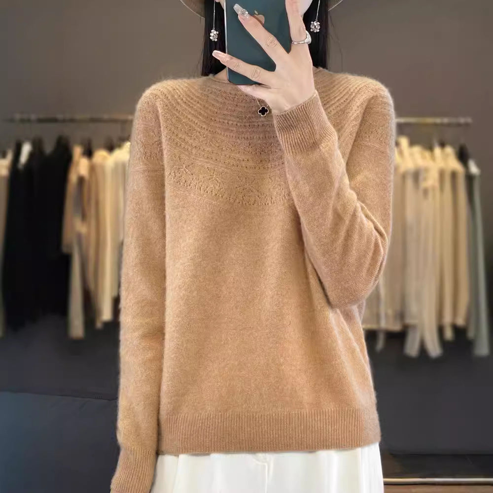 Ladies Soft Ajour-Yoke Round Neck Sweater in Cashmere-Look Fine Knit Chichicherry