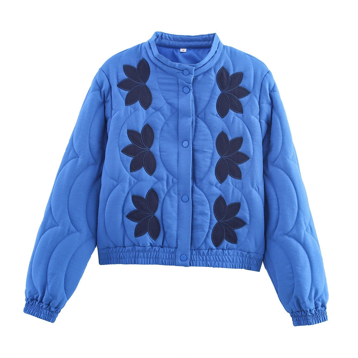 Women's Short Cut Quilted Jacket with Flower Applique and Stand-Up Collar Chichicherry