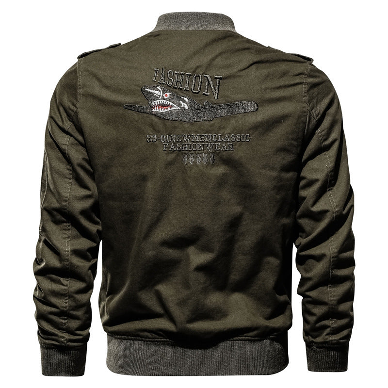 Men's Canvas Bomber Jacket in Pilot Style with Patch Applications and Utility Pockets Chichicherry