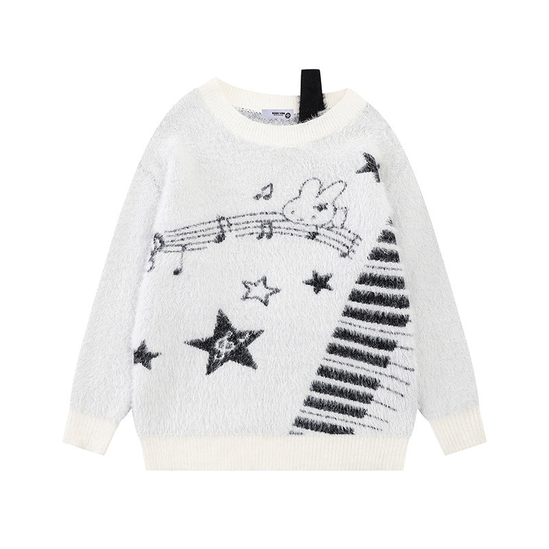 Women's Cozy Knit Sweater with Cartoon Note and Star Motif Chichicherry