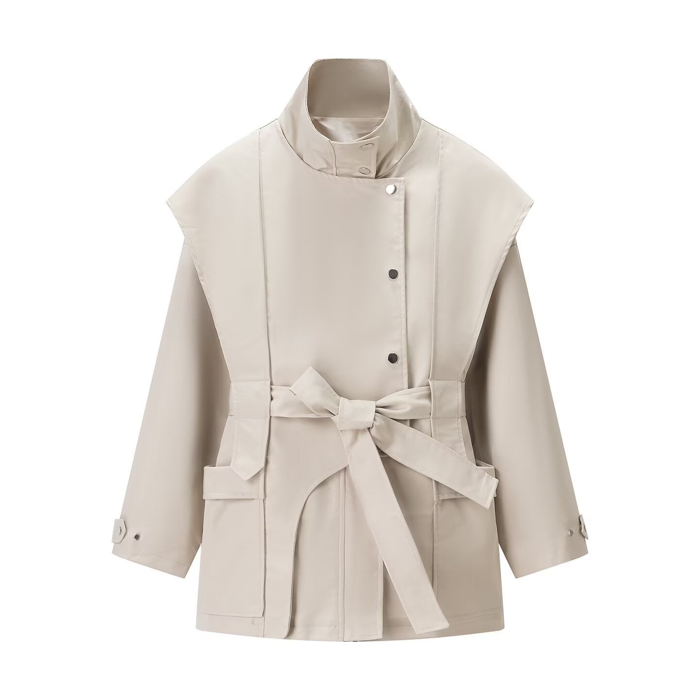 Women’s short trench coat with cape shoulder, high stand-up collar and belt Chichicherry