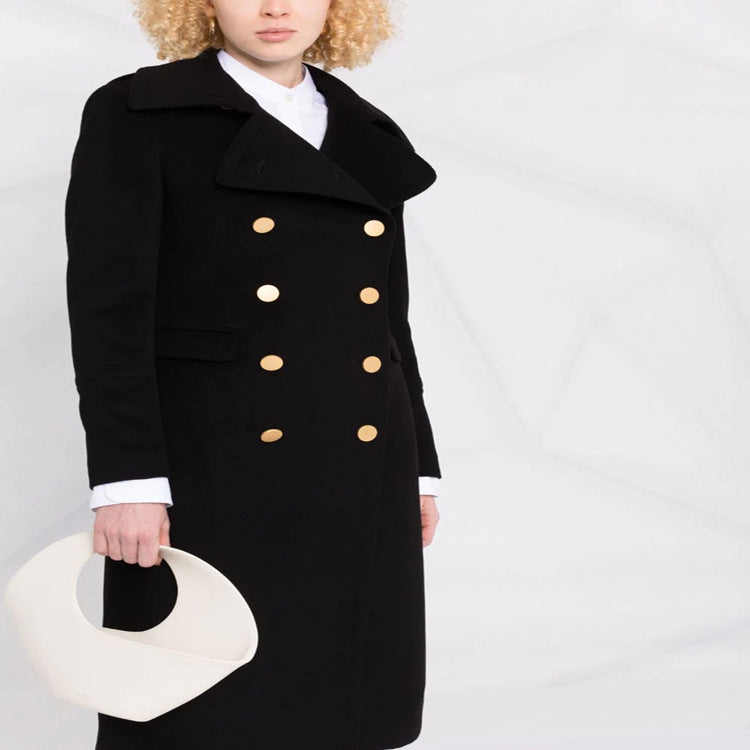 Women's Double-Breasted Long Coat in Naval Coat Style with Distinctive Metal Buttons Chichicherry