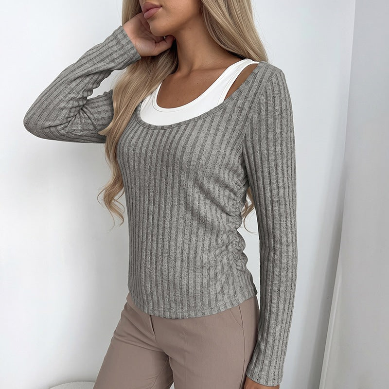 Women Ribbed Long Sleeve Shirt with Wide Boat Neck and Fitted Silhouette Chichicherry