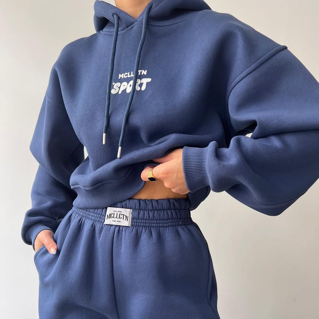 Damen Cropped Kapuzenpullover und High‑Waist Jogginghose Lounge‑Set aus Baumwollfleece Chichicherry