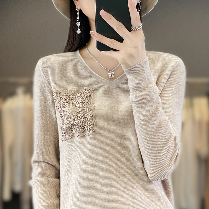 Women's Cashmere-Optic V-Neck Sweater with Floral Crochet Application Chichicherry