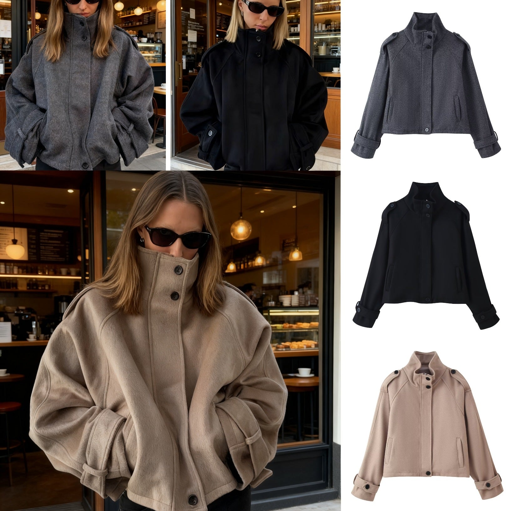 Women Short Wool Blend Jacket with Stand-Up Collar, Shoulder Flaps and Adjustable Cuffs Chichicherry