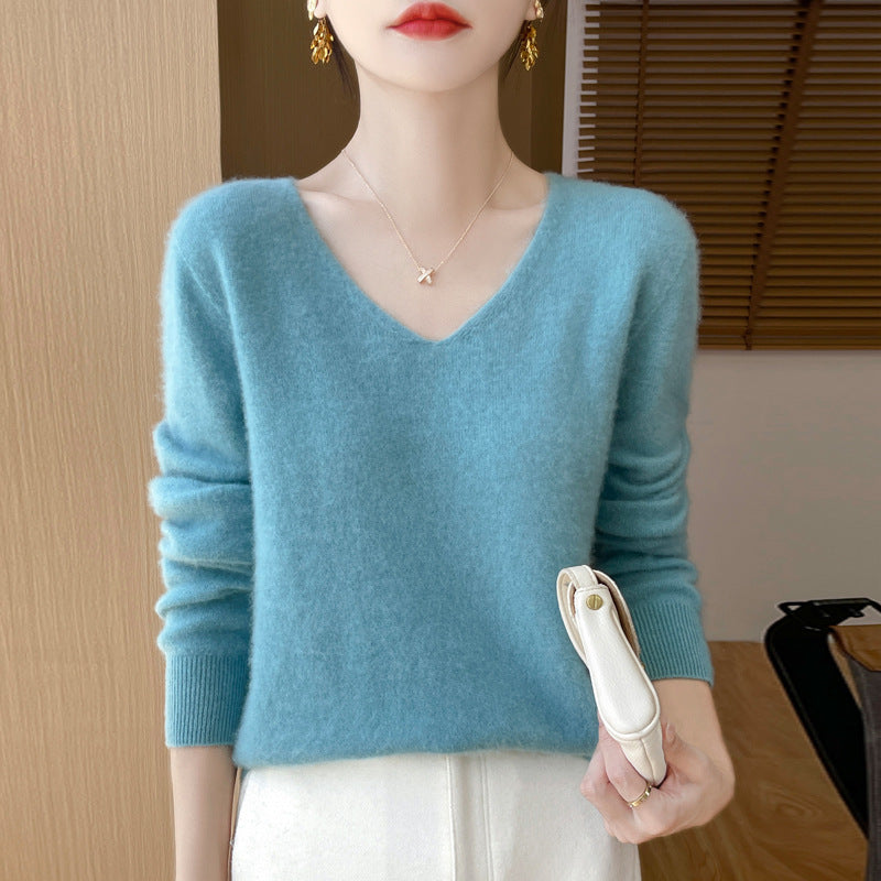 Women Cozy V-Neck Fine Knit Sweater made of Mohair Mix with Fluffy Surface Chichicherry