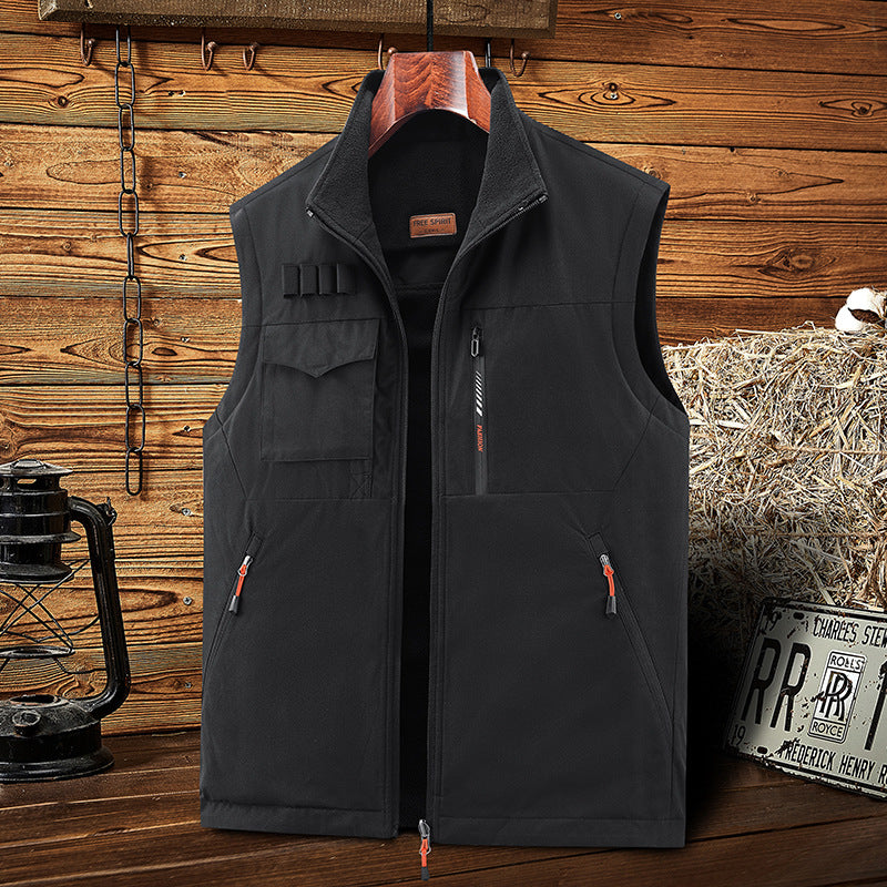 Men's Sleeveless Softshell Outdoor Vest with Fleece Lining, High Stand Collar and Multifunctional Pockets Chichicherry