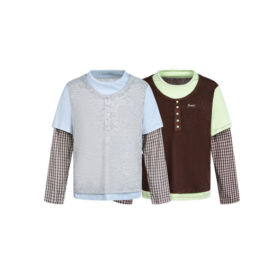 Unisex Layered Look Henley Shirt with contrasting plaid cuffs and short overshirt effect