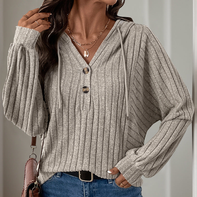Women's Ribbed Hoodie with Henley Button Placket and Slightly Cropped Fit Chichicherry
