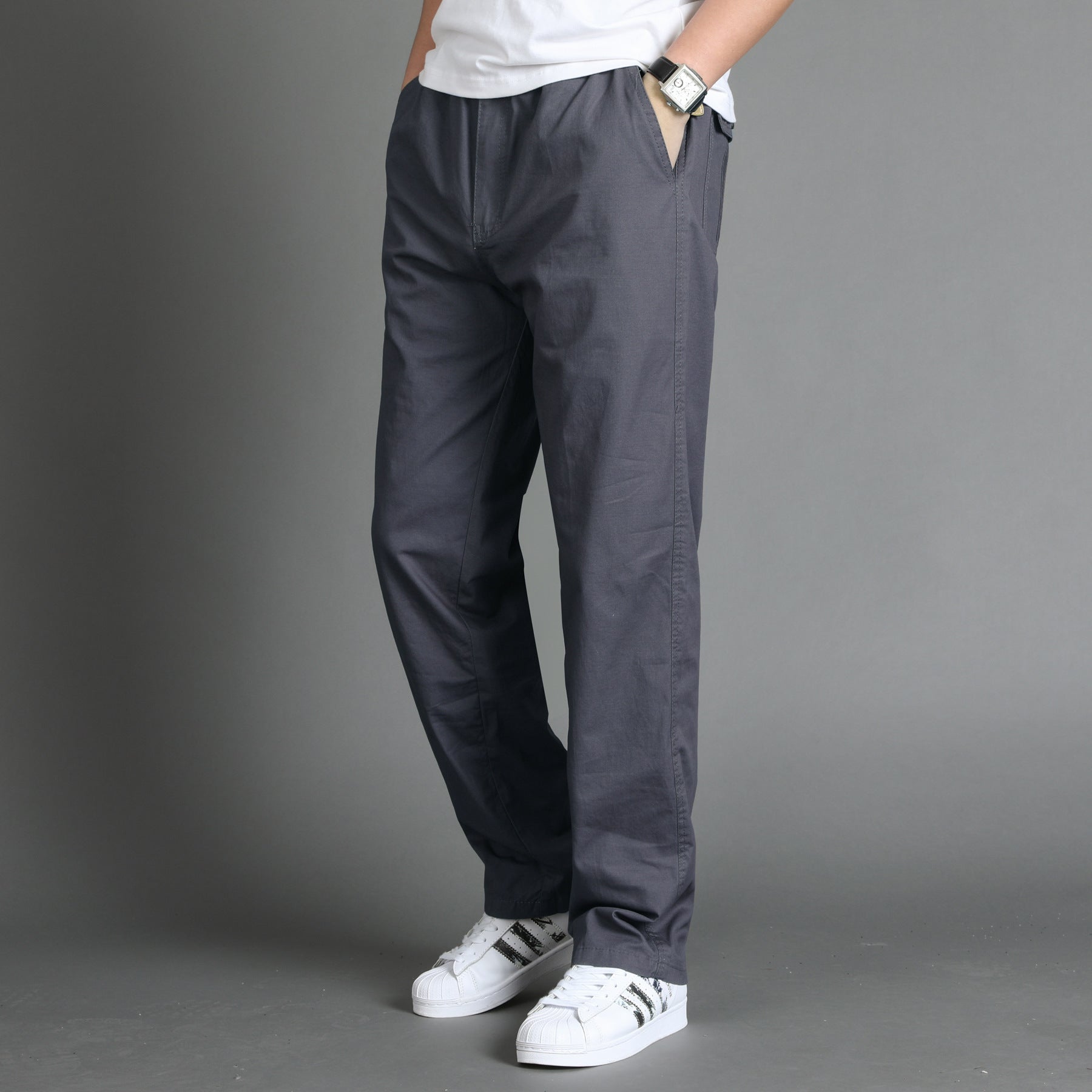 Men's Casual Canvas Chino Pants with Elastic Drawstring Waistband, Patch Pockets & Straight Leg Chichicherry