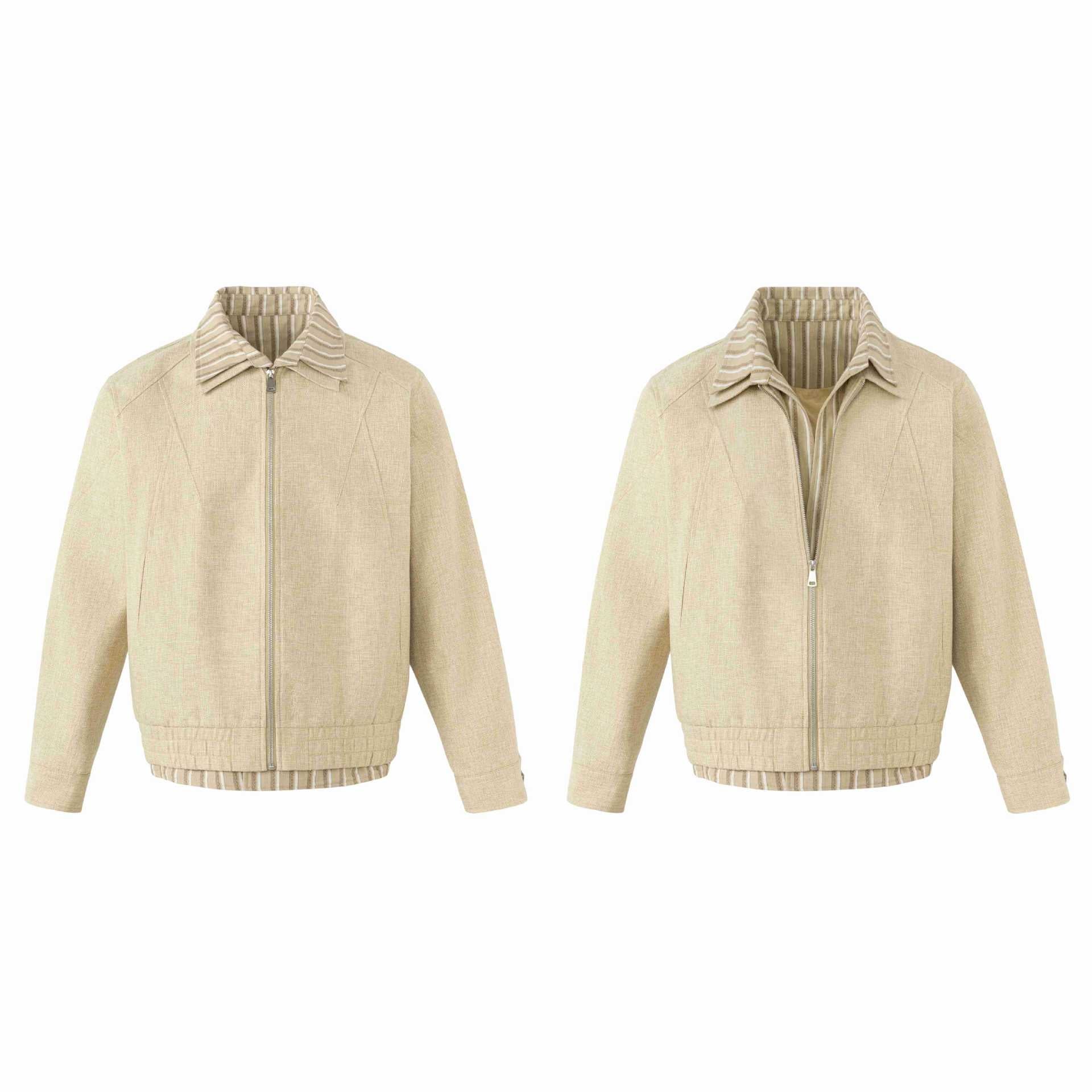 Women's Lightweight Boxy Blouson Jacket in Linen Look with Striped Inner Collar Chichicherry