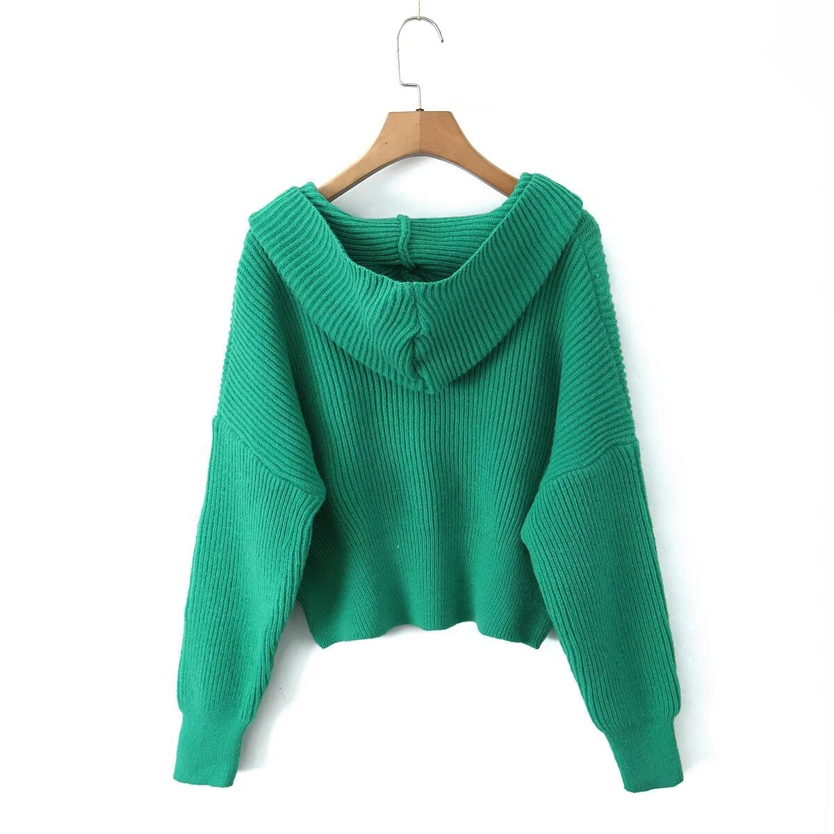 Women's Short Ribbed Knit Cardigan with Wide Hood Collar and Patch Pockets Chichicherry