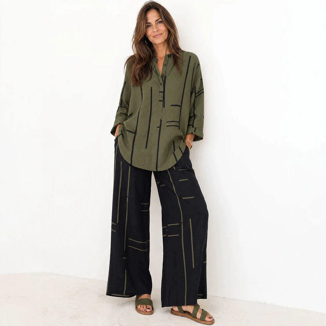 Women Loose Shirt Blouse and Palazzo Pants Set in Linen Look Chichicherry