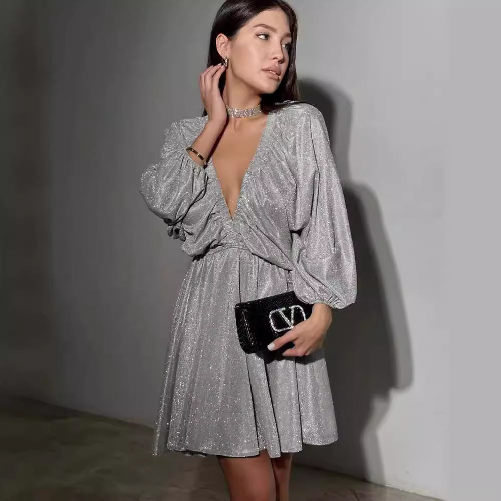 Damen Glitzerndes Abendkleid mit tiefem V Ausschnitt, Ballonärmeln und taillenbetonter Glockenrock Chichicherry
