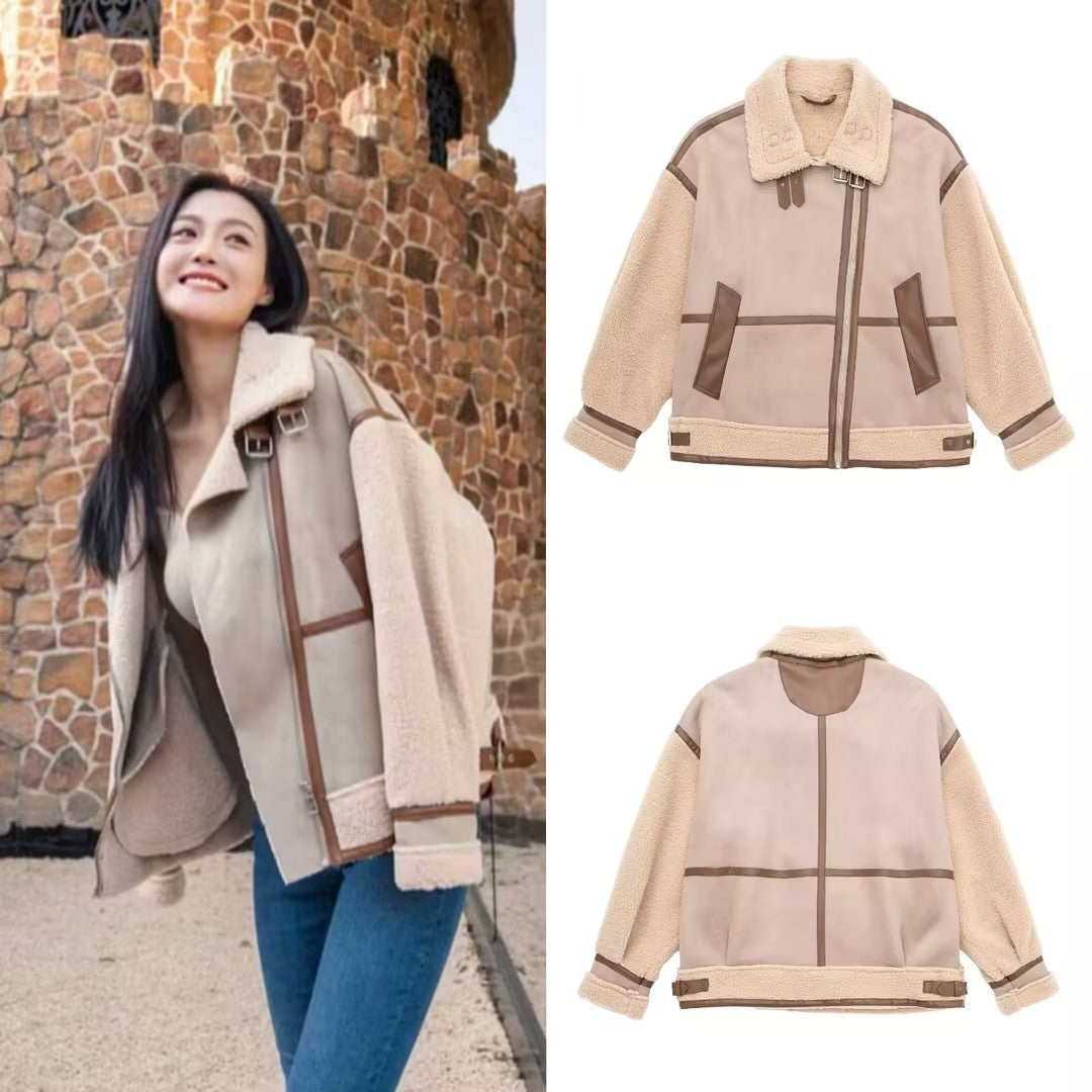 Women's Oversized Flight Jacket with Teddy Lining, Asymmetrical Zip and Faux Leather Details Chichicherry