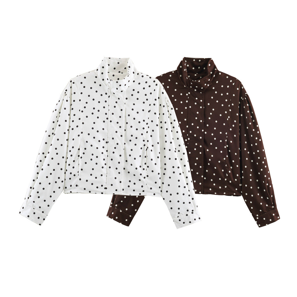 Women's Polka Dot Cropped Blouse with Stand Collar and Concealed Button Placket Chichicherry