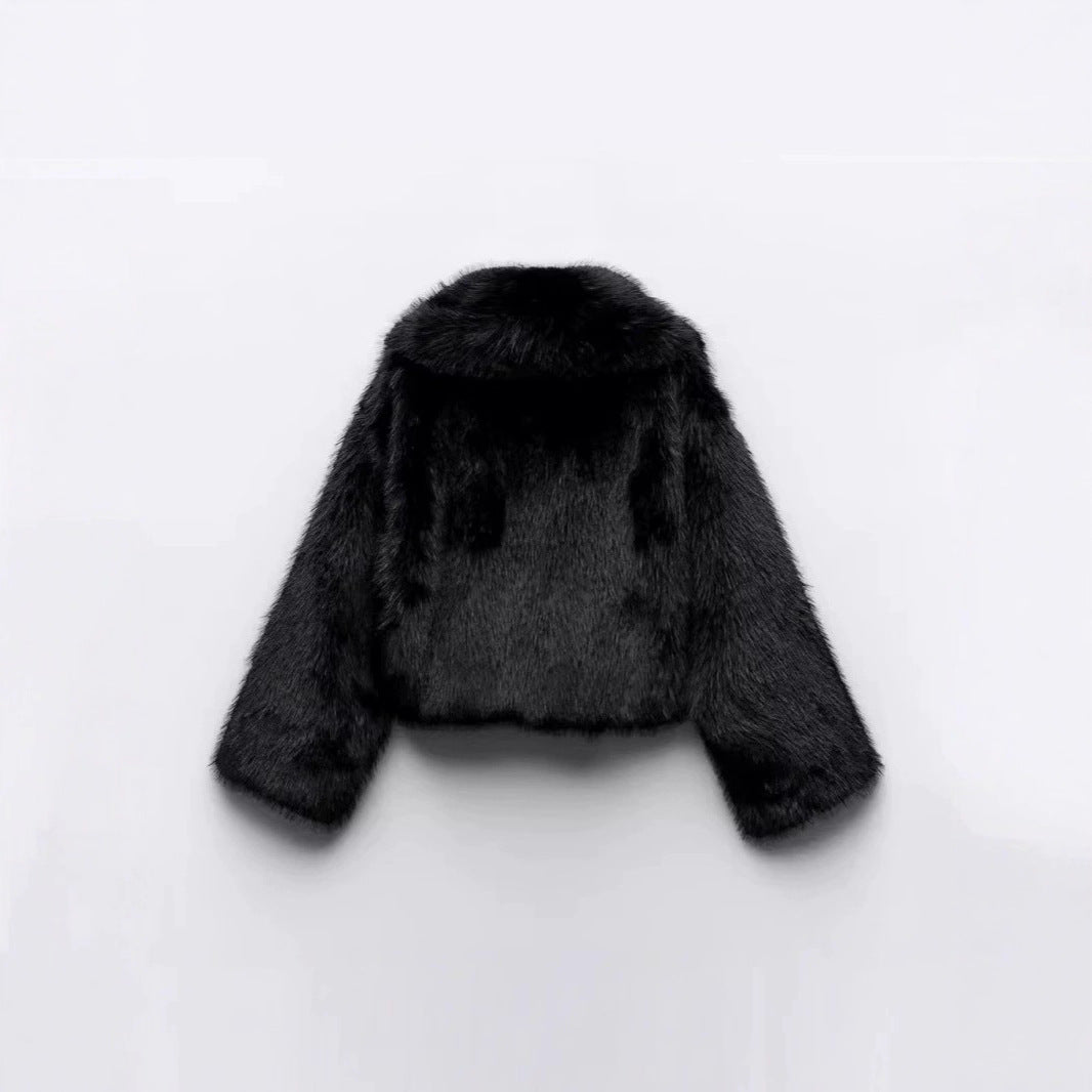 Women Short Cropped Faux Fur Blouson with Voluminous Shawl Collar and Soft Inner Lining Chichicherry