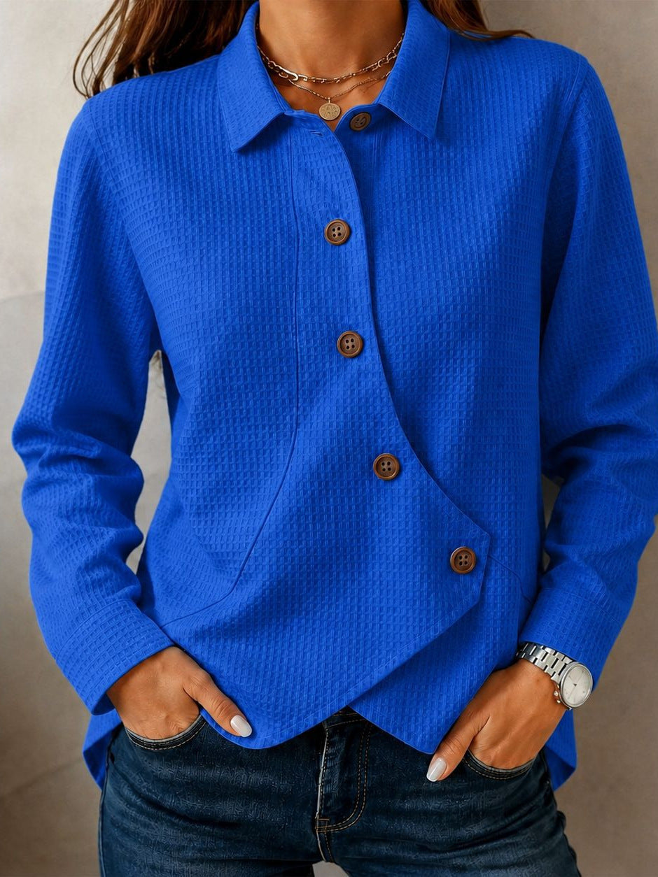 Women Asymmetrical Waffle Structure Shirt Blouse with Button Detail Chichicherry