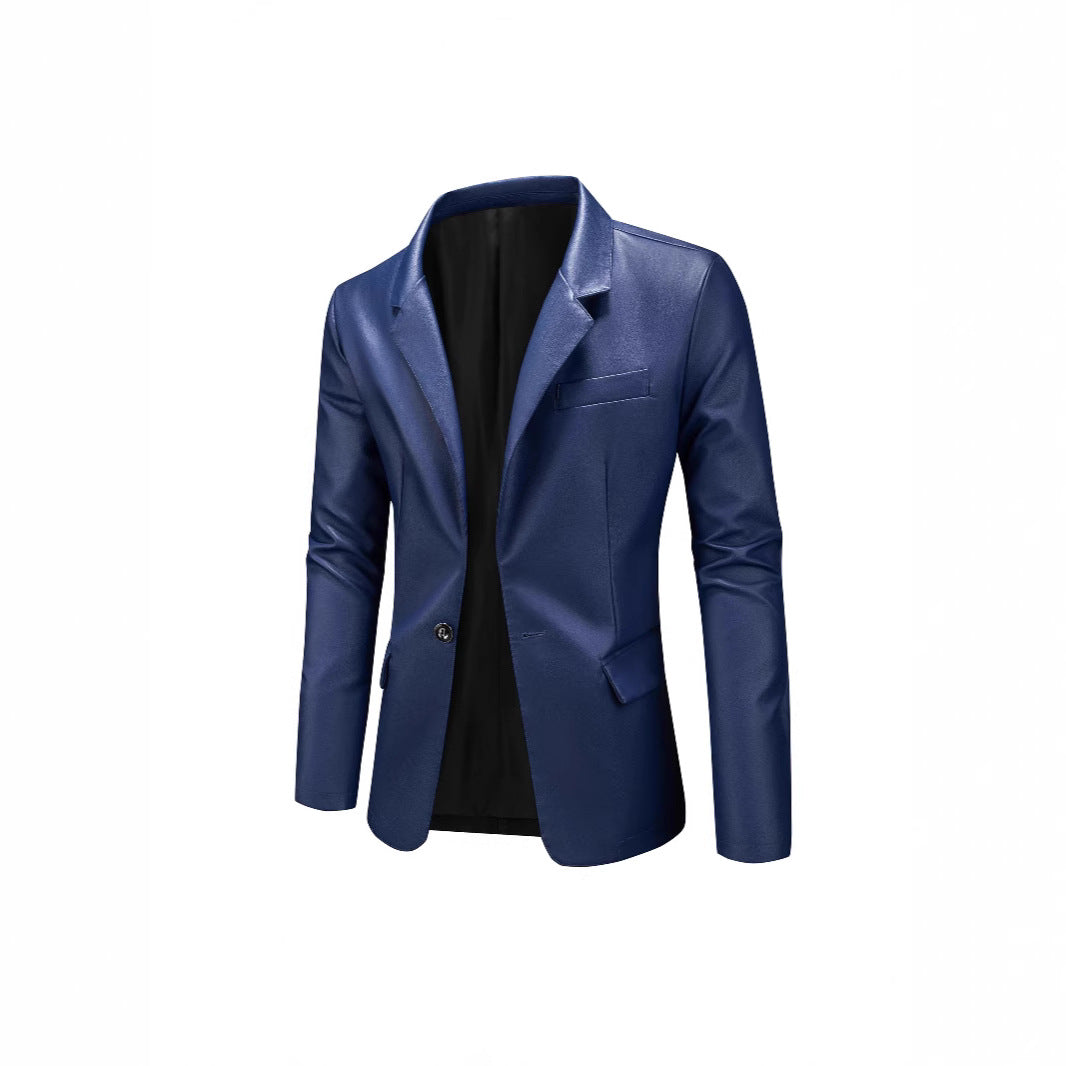 Men's Slim-Fit Leather Blazer with One-Button, Classic Lapel and Flap Pockets Chichicherry