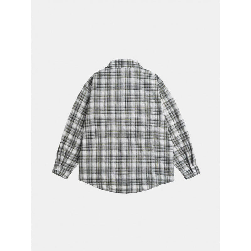 Unisex Oversize-checkered Flannel shirt with rounded hem and diagonal chest pocket Chichicherry