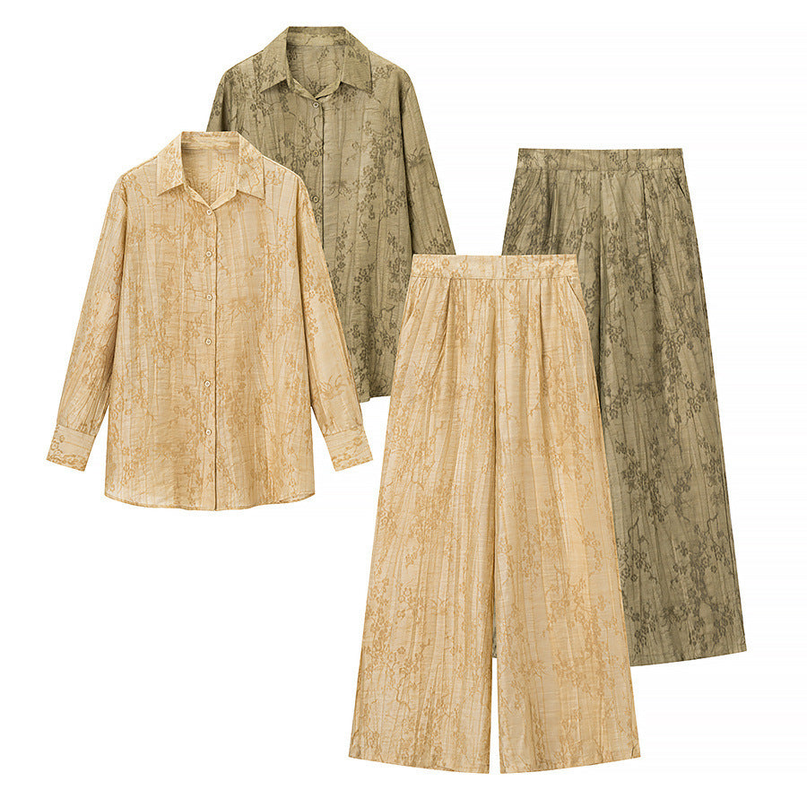 Women Two-Piece Jacquard Loungewear Set with Shirt Blouse and Wide Palazzo Pants Chichicherry