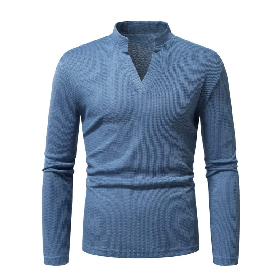 Men's Thermal Waffle Knit Shirt with Stand Collar and V-Neck Chichicherry