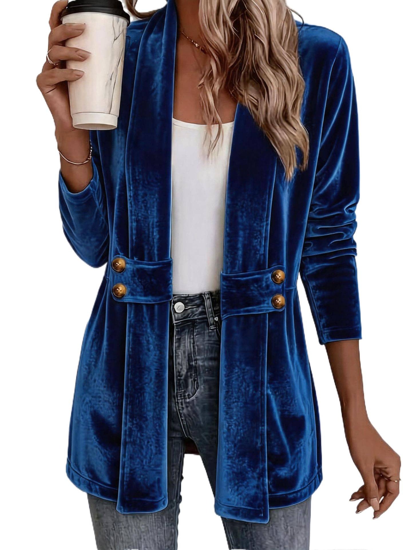 Women's velvet long blazer with shawl collar and decorative button straps Chichicherry