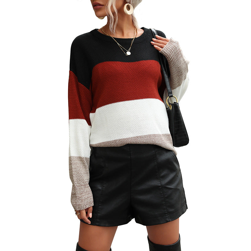 Women's Casual Colorblock Waffle Knit Sweater in Oversized Cut with Extended Sleeve Cuff Chichicherry