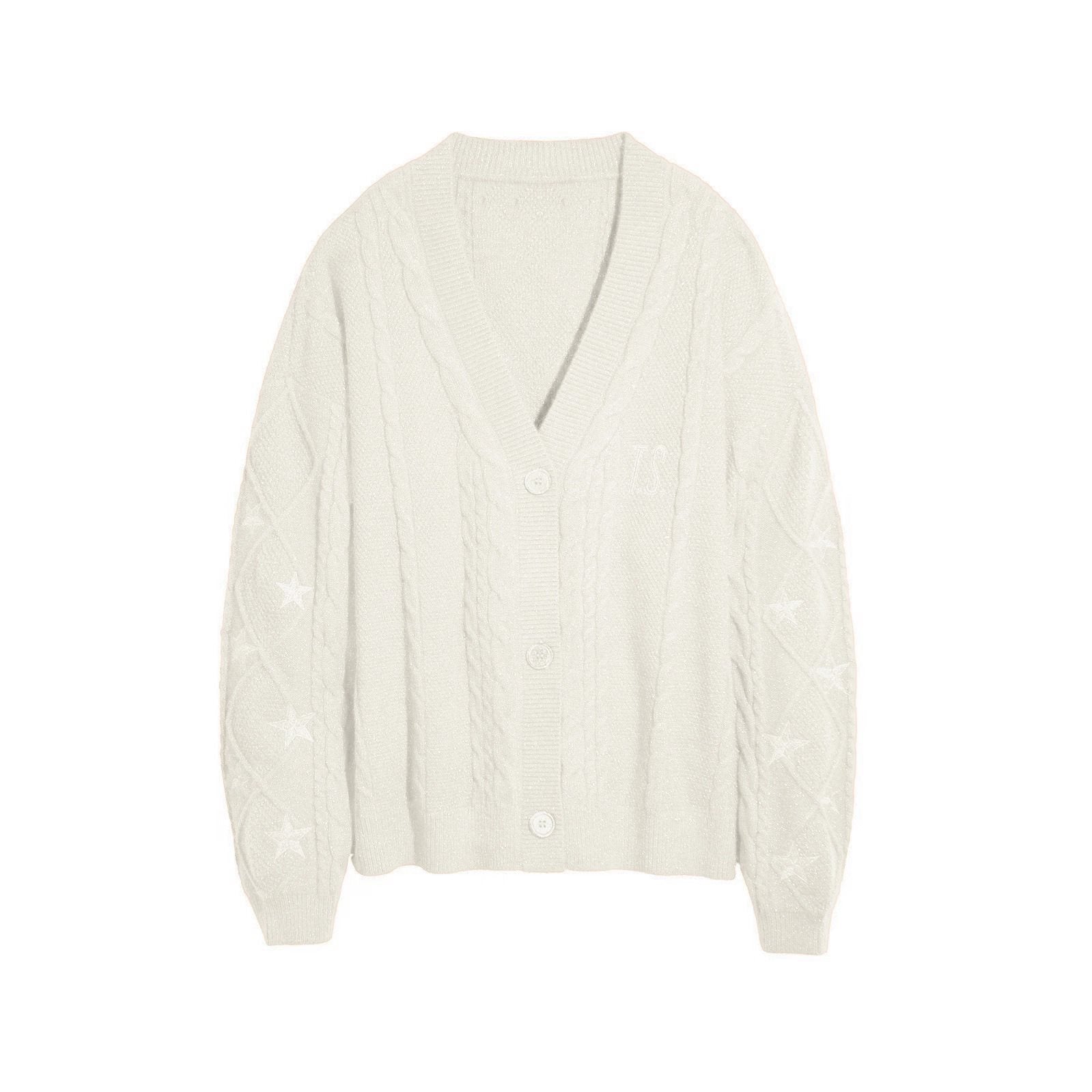 Women's knit cardigan with cable knit, star embroidery, and shiny threads Chichicherry