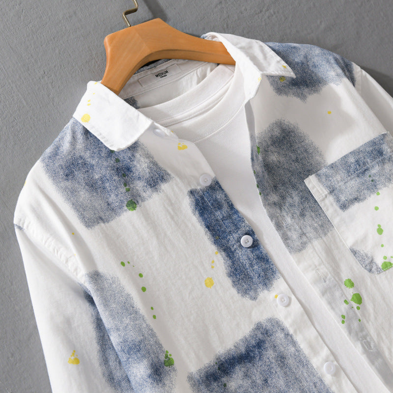 Men's Lightweight Cotton Shirt Relaxed-Fit with Artistic Speckle and Watercolor Patch Print Chichicherry