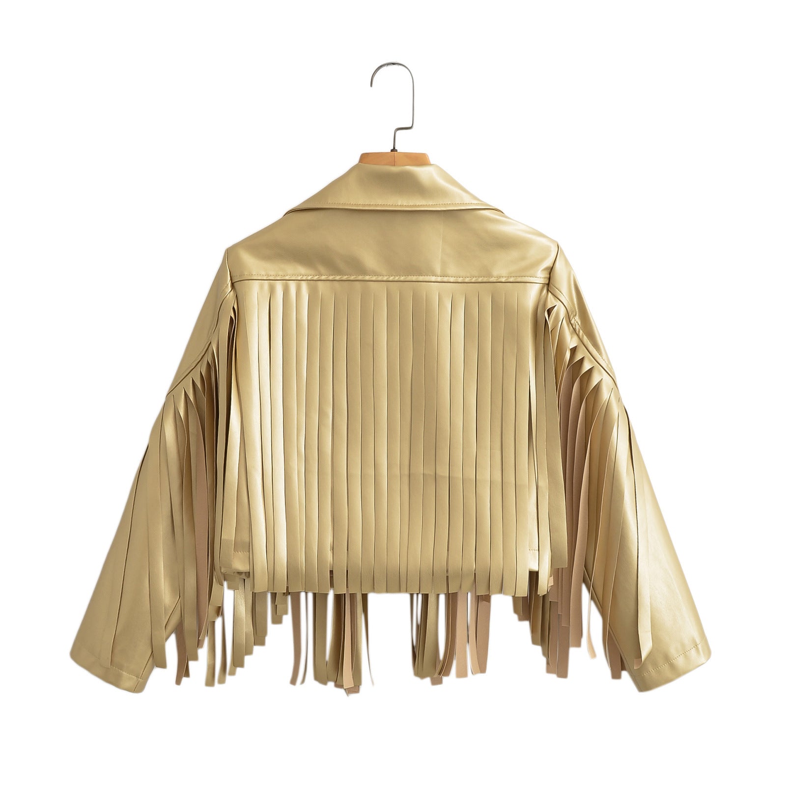 Women’s short jacket in biker style with metallic look and long leather fringes Chichicherry