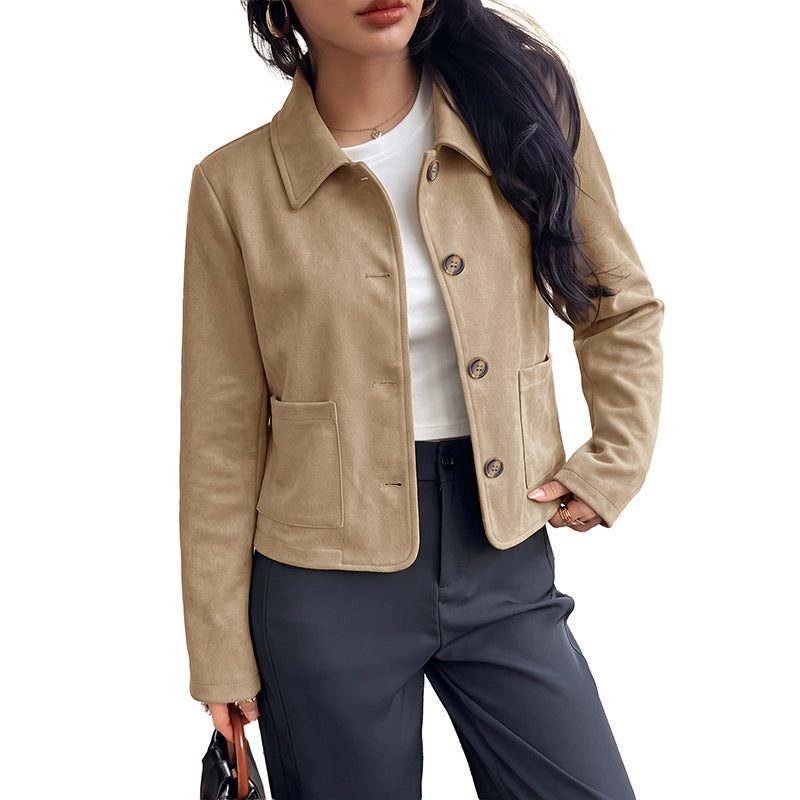 Women's short jacket made of suede look with shirt collar and patch pockets Chichicherry