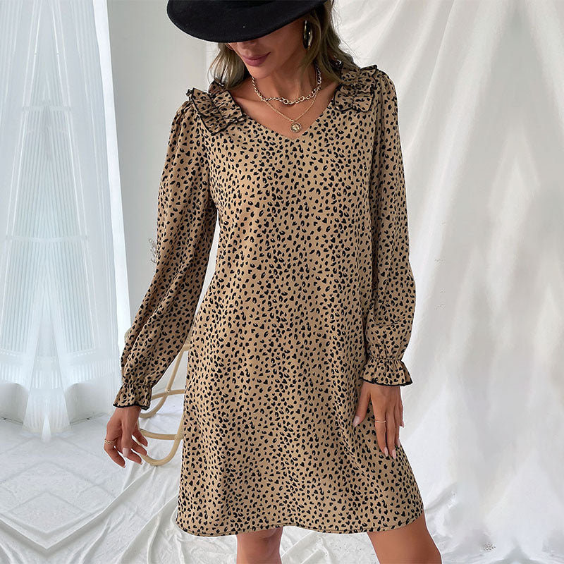 Women's Lightweight A-Line Mini Dress with Ruffle Collar and Puff Sleeves Chichicherry