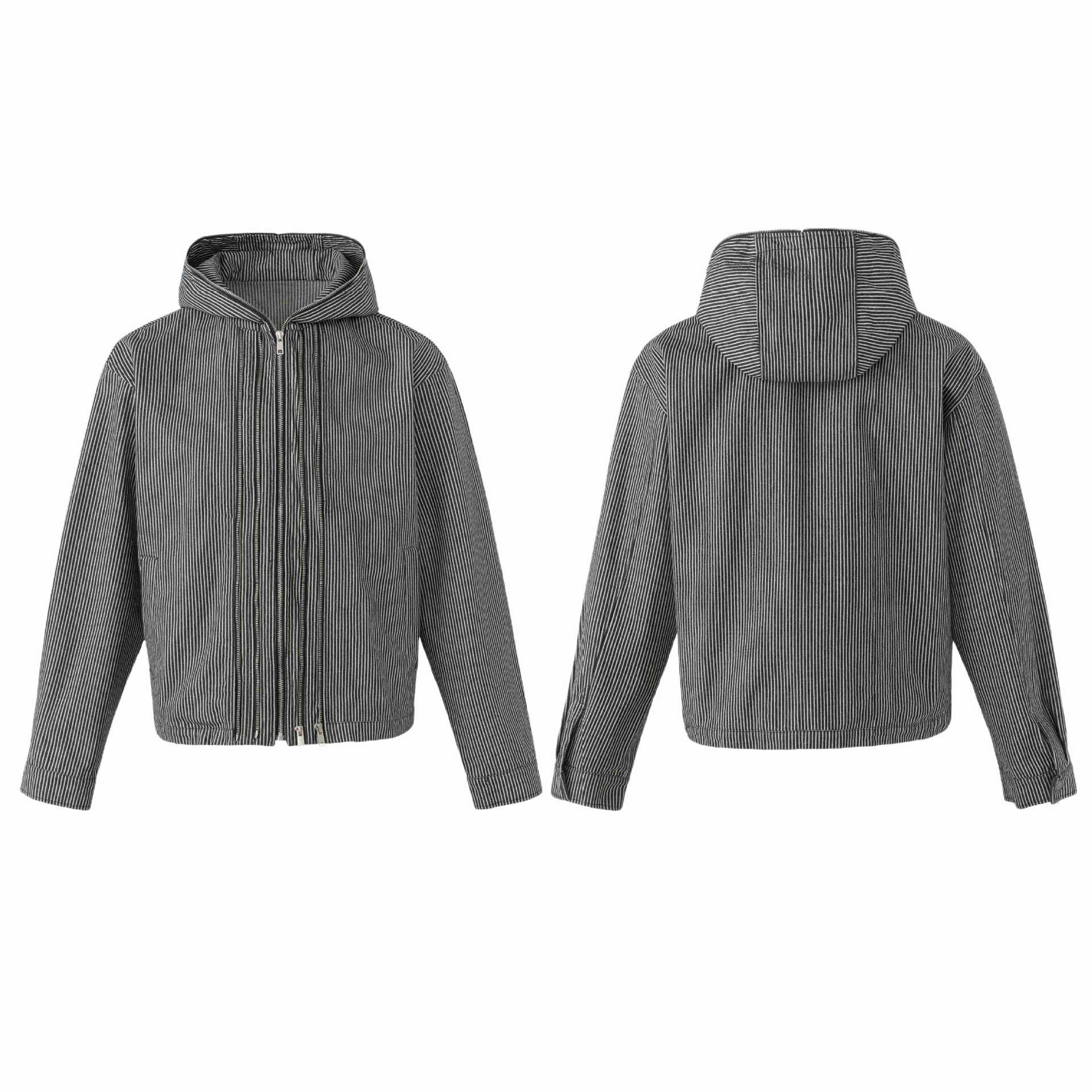 Unisex Striped Hoodie Blouson Jacket with Double Zipper and Elastic Hem Chichicherry