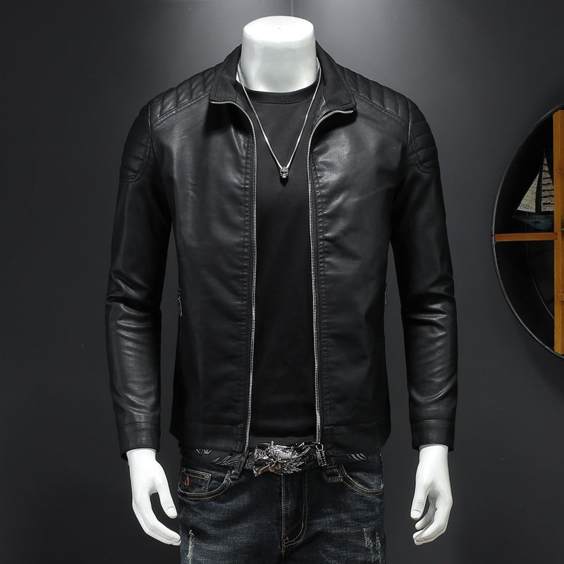 Men's slim fit faux leather moto jacket with stand-up collar and quilted shoulder yoke Chichicherry