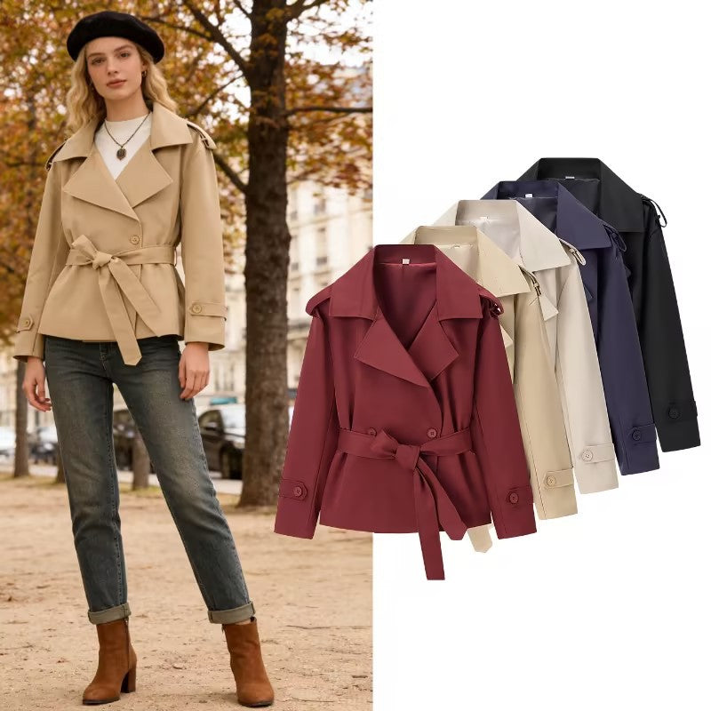 Women's Short Cut Tailored Trench Coat with Tie Belt and Epaulettes Chichicherry