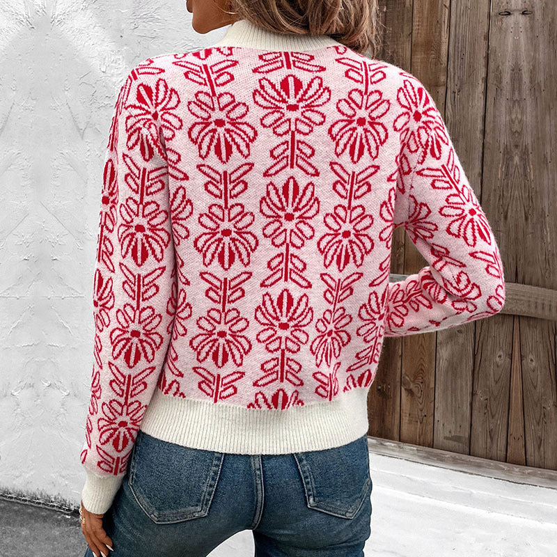 Women Knitted Jacquard Sweater with Floral Pattern and Ribbed Cuffs Chichicherry