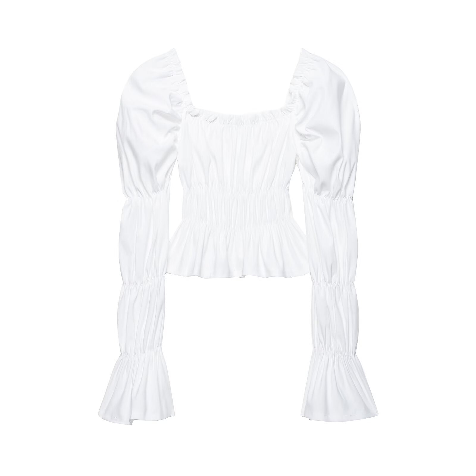 Women's Ruched Carmen Crop Top with Puff Sleeves, Smocked Waist and Tiered Sleeves Chichicherry