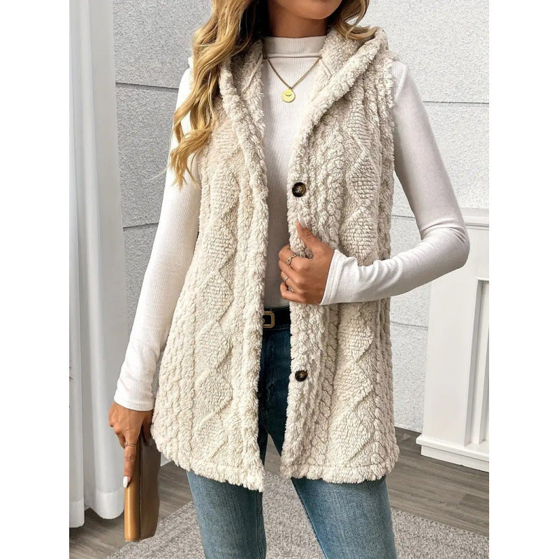 Women's Hooded Teddy Vest with Structured Cable Knit Pattern and Decorative Button Placket Chichicherry
