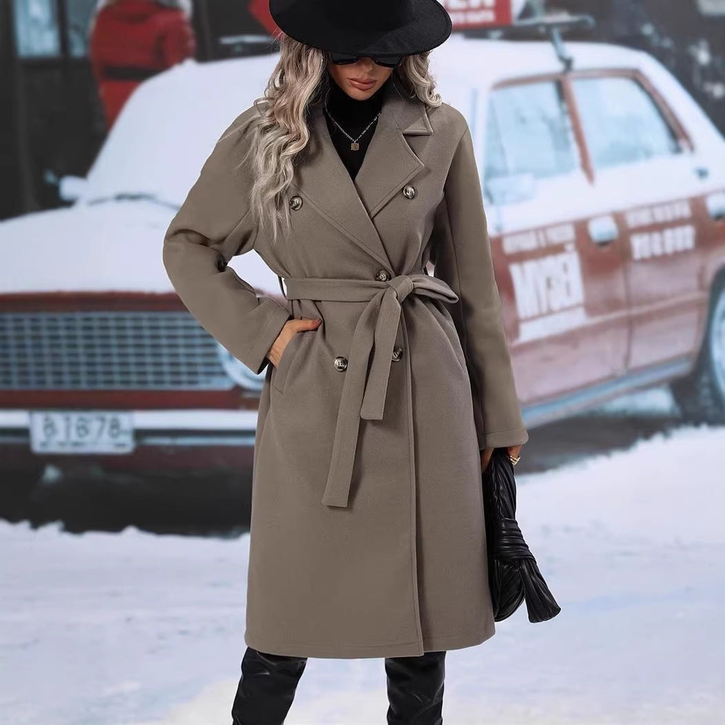 Women's mid-length waist tie coat in minimalist trench style with pronounced lapels Chichicherry