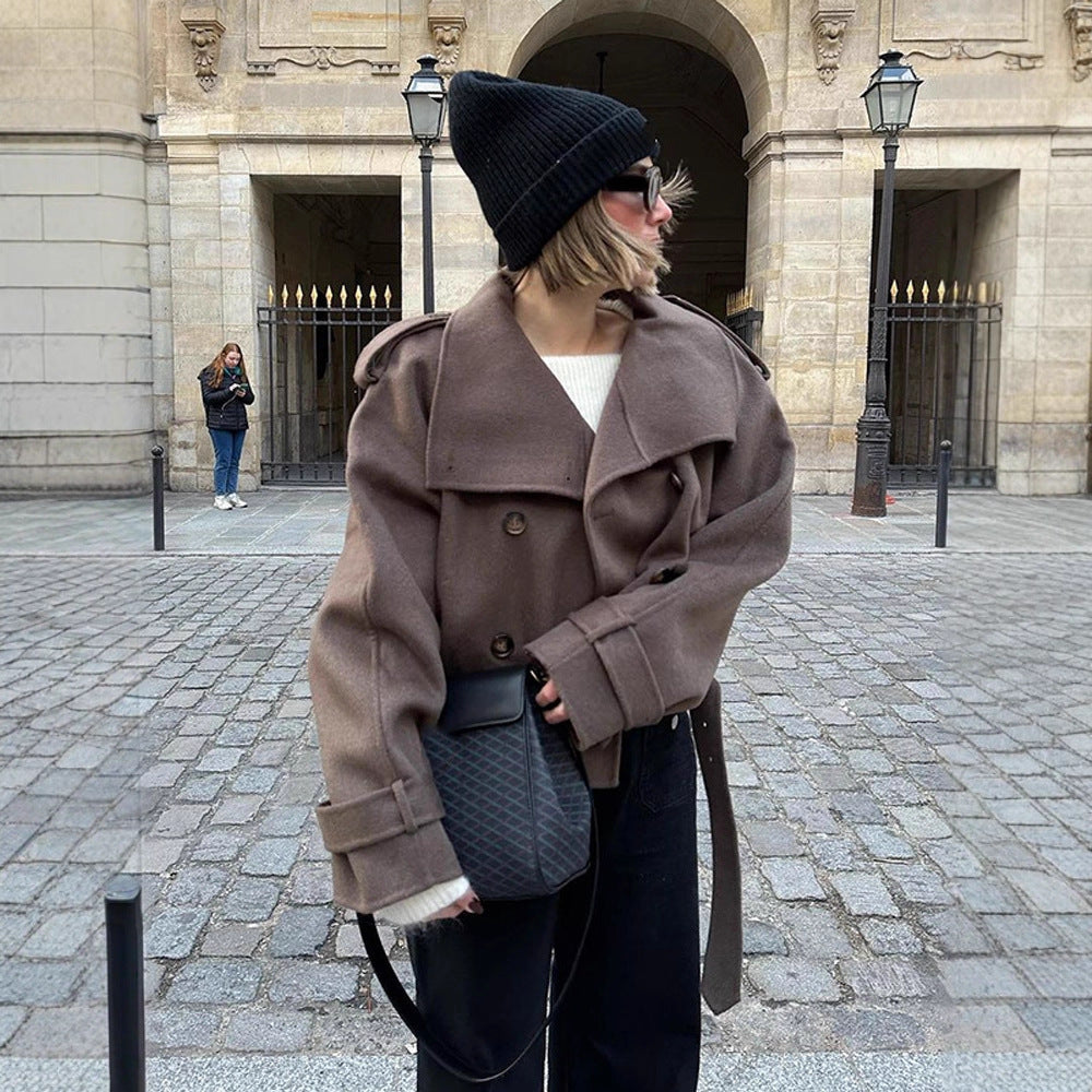 Women's Short Double-Breasted Wool Blend Peacoat with Dropped Shoulders and Epaulettes Chichicherry