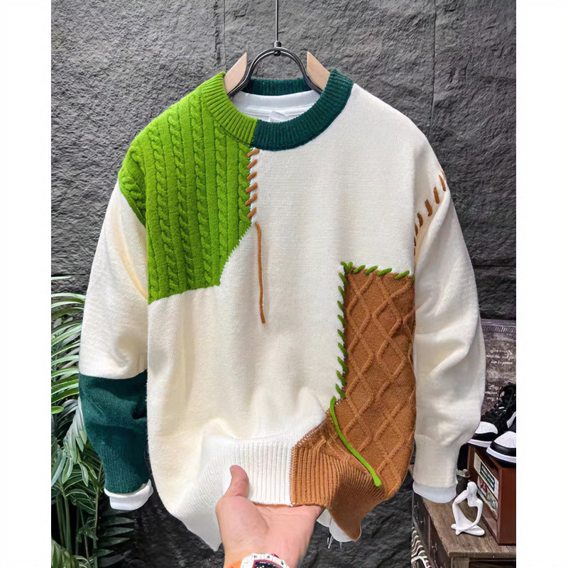 Unisex Patchwork-Oversize-Strickpullover mit Zopf- und Rautenmuster, dekorativen Kontrastnähten und Rundhalsausschnitt Chichicherry
