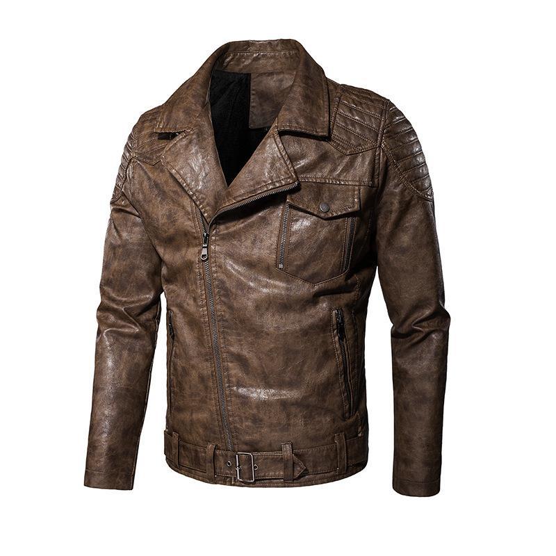 Men's faux leather biker jacket with shoulder quilting, asymmetric zipper, and adjustable belted waist Chichicherry